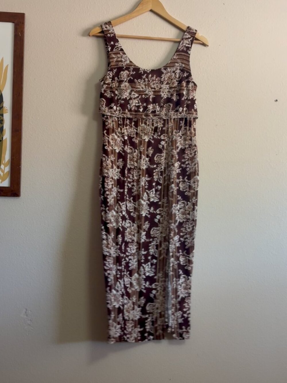 Sleeveless Brown Floral Midi Dress Beading Sheath 1990s Vtg XS
